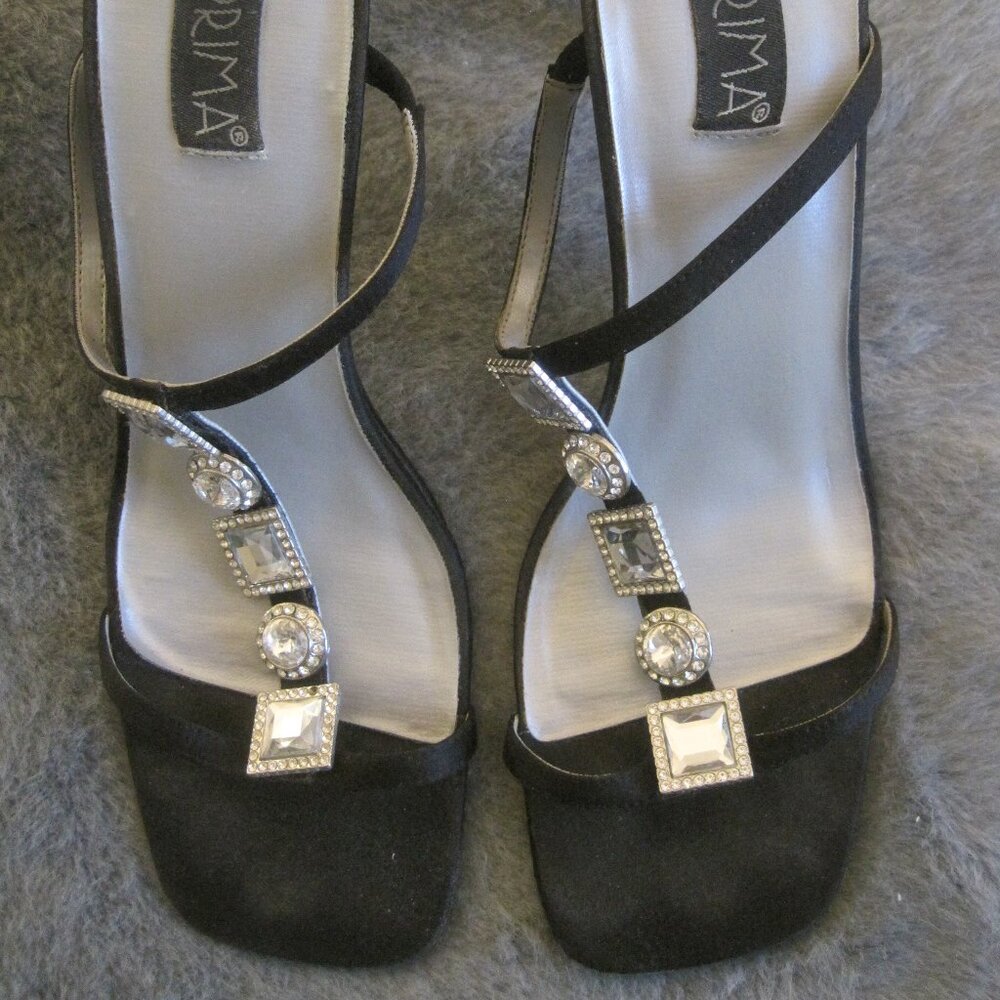 PRIMA ROYALE BLACK SATIN STRAPPY HEELS WITH RHINESTONE DETAIL 9 $79.00
